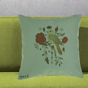 Perna Decorativa Pasare pe Ramura cu Maci, 40x40 cm, Verde, Husa Detasabila, Perna Inclusa, BEKZ®
