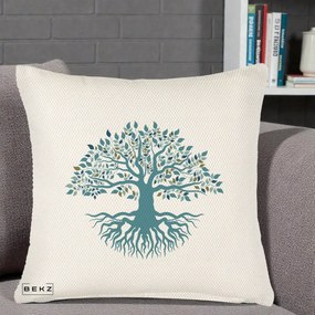 Perna Decorativa Copacul Vietii Teal cu Radacini, 40x40 cm, Crem Reliefat, Husa Detasabila, Perna Inclusa, BEKZ®
