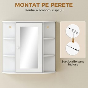 HOMCOM Dulap de Perete pentru Baie, Dulap de Baie cu Oglindă, Ușă Centrală și Rafturi din Lemn, 66x17x63 cm, Alb | Aosom Romania