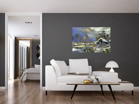 Tablou -Cabane într-un peisaj de iarnă, pictură în ulei (90x60 cm)