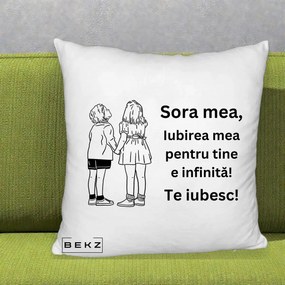 Cadou pentru Sora - Perna Personalizata Sora Mea Te Iubesc Copii Tinand Maini Line Art, 40x40 cm, Alb Pufos, Husa Detasabila, Perna Inclusa, BEKZ®
