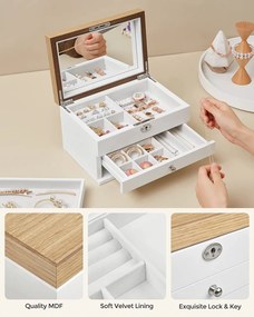 Cutie de bijuterii, Songmics, Alb-Lemn, 25x18x14.5 cm