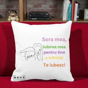 Cadou pentru Sora - Perna Personalizata Sora Mea Te Iubesc Line Art Fete Colorate Brate Ridicate, 40x40 cm, Alba Mata, Husa Detasabila, Perna Inclusa, BEKZ®