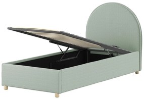 Pat tapițat pentru copii MOON, 90 x 200 cm, verde, cu țesătură bouclé și spațiu de depozitare – Vipack