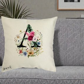Cadou Personalizat - Perna Personalizata Monogram Litera A cu Flori Acuarela, 40x40 cm, Ecru, Husa Detasabila, Perna Inclusa, BEKZ®