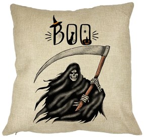 Perna Decorativa cu motiv The Grim Reaper, de Halloween, 40x40 cm, Husa Detasabila, Burduf