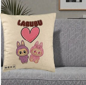 Perna Personalizata Labubu Cuplu Inima, 40x40 cm, Bej, Husa Detasabila, Perna Inclusa, BEKZ®