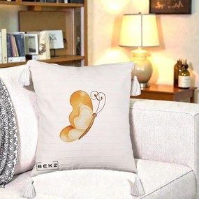 Perna Decorativa Fluture Acuarela Auriu, 40x40 cm, Bej cu Franjuri, Husa Detasabila, Perna Inclusa, BEKZ®