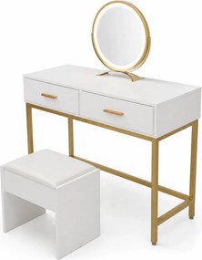 Set IASMINA – Masă de Toaletă pentru Machiaj, Oglindă Iluminată LED, Control Touch, 2 sertare, Scaun, Alb