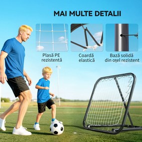 HOMCOM Rețea de Ricoșeu pentru Fotbal, Rețea de Fotbal Ricoșeu și Pliabilă cu Unghi Reglabil în Metal, pentru Antrenament Baseball și Volei, 78x84x65-78 cm, Negru | Aosom Romania