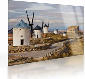Tablou pe sticlă - Morile de vânt din Consuegra, Spania (70x50 cm)