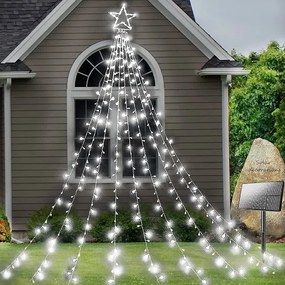Instalatie solara perdea cu varf stea, 350 leduri, 9 franjuri, alb rece