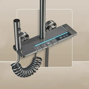 RESIGILAT- Coloană de duș termostat, afișaj digital, lumină LED ambientală, 4 funcții, taste de pian, cap duș dreptunghiulară, efect de ploaie, înălțime reglabilă, montare pe perete, Gri, 8004