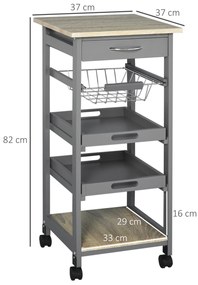 HOMCOM Servitoră de bucătărie pe roți cu panier + 2 tăvi detașabile, sertar, raft in lemn stejar deschis | Aosom Romania