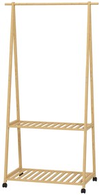 HOMCOM Suport pentru Haine din Bambus cu Roți 2 Rafturi Deschise și 2 Găuri 84,5x43,5x158 cm Natural | Aosom Romania