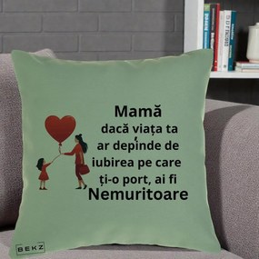 Cadou pentru Mama - Perna Personalizata Mama Nemuritoare cu Bebelus Kawaii, 40x40 cm, Verde, Husa Detasabila, Perna Inclusa, BEKZ®