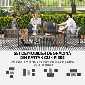 Outsunny Set de Exterior din Rattan 2 Fotolii, Canapea și Măsuță Gri | Aosom Romania