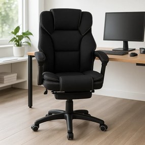 RESIGILAT- Scaun directorial, masaj lombar, spatar rabatabil, suport pentru picioare, material textil auto premium, Negru