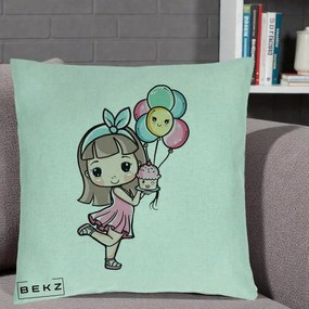 Perna Decorativa Fetita Kawaii cu Baloane si Cupcake, 40x40 cm, Verde Menta, Husa Detasabila, Perna Inclusa, BEKZ®
