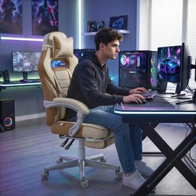 HOMCOM Scaun Gamer Rabatabil cu Înălțime Reglabilă Suport Picioare Retractabil Suport Lombar și Tetieră Demontabilă Cremă | Aosom Romania