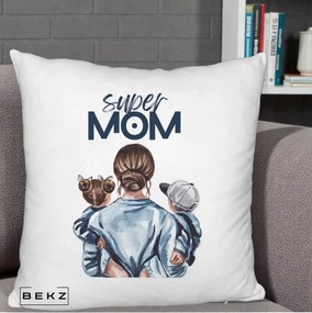 Cadou pentru Mama - Perna Personalizata Super Mom, 40x40 cm, Alb Pufos, Husa Detasabila, Perna Inclusa, BEKZ®