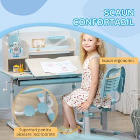 HOMCOM Set Birou și Scaun pentru Copii Reglabile, Inclinabilă la 60° cu Sertar, Rafturi și Suport, 3+ Ani, Albastru | Aosom Romania