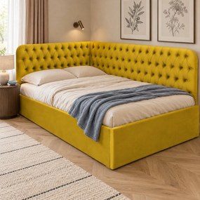 Pat tapițat pentru copii din catifea Elyra 140×200 cm, galben muștar, colț dreapta, cu ladă de depozitare