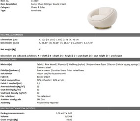 Fotoliu pivotant design elegant Bollinger, crem boucle 114819 HZ