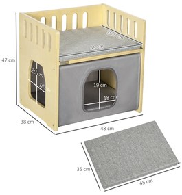 PawHut Casa pentru pisici cu 2 niveluri, cu perne detasabile si sine de siguranta, 48x38x47 cm, lemn, alb si gri | Aosom RO