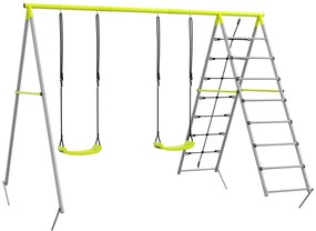 Outsunny 4 în 1 balansoar portic pentru copii cu 2 șezlonguri de balansoar, scară cățărătoare și plasă de escaladă verde | Aosom Romania