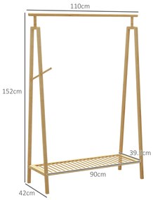 HOMCOM Suport pentru Haine din Bambus cu Șină Suspendată, Raft de Depozitare a Pantofilor și Cuier Lateral, 110x42x152 cm, Natural | Aosom Romania