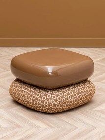 Puf rotativ cu blat din lemn lăcuit camel și bază tapițată bej, folosit și ca măsuță auxiliară, stil anii ‘60–‘70, 37 x 49,5 x 56 cm, „Oreal”