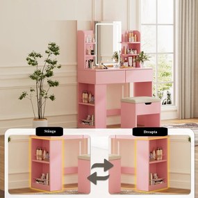 Masuta machiaj cu Oglinda LED si 2 Sertare pentru Cosmetice, Set Masa toaleta 90 cm, Alb / Negru / Roz, masuta cosmetica, vanity - SER203