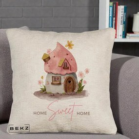 Perna Decorativa Home Sweet Home Casuta, 40x40 cm, Bej Canapea, Husa Detasabila, Perna Inclusa, BEKZ®