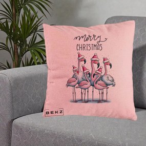 Perna Decorativa Flamingo Merry Christmas, 40x40 cm, Roz, Husa Detasabila, Perna Inclusa, BEKZ®