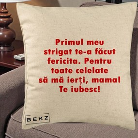 Cadou pentru Mama - Perna Personalizata Primul Strigat Mama, 40x40 cm, Bej, Husa Detasabila, Perna Inclusa, BEKZ®