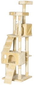 PawHut Copac Zgârietoare pentru Pisici cu 3 Platforme, 2 Căsuțe și Jocuri Suspendate, din Lemn și Blană, 49x49x173 cm, Cremă | Aosom Romania