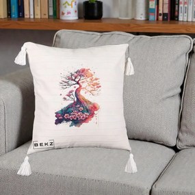 Perna Decorativa Copac Sakura Acuarela Fantasy, 40x40 cm, Bej cu Franjuri, Husa Detasabila, Perna Inclusa, BEKZ®
