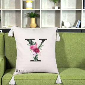 Cadou Personalizat - Perna Personalizata Monograma Florala Litera Y cu Buchet, 40x40 cm, Bej cu Franjuri, Husa Detasabila, Perna Inclusa, BEKZ®