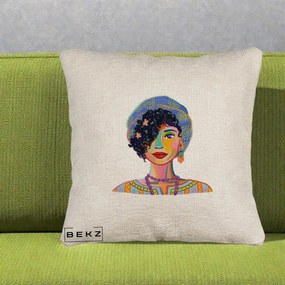 Perna Decorativa Portret Femeie Etnic Colorat, 40x40 cm, Bej Canapea, Husa Detasabila, Perna Inclusa, BEKZ®