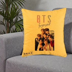 Perna Personalizata K-pop BTS Forever cu Foto Grup Negru, 40x40 cm, Galben, Husa Detasabila, Perna Inclusa, BEKZ®