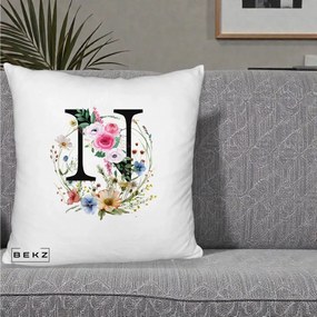 Cadou Personalizat - Perna Personalizata Monogram Litera N cu Flori Acuarela, 40x40 cm, Alb Pufos, Husa Detasabila, Perna Inclusa, BEKZ®