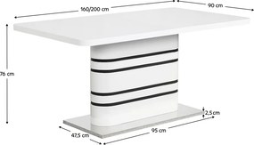 Masă dining extensibilă, alb HG extra lucios/dungi negre, 160-200x90 cm, TUBAL