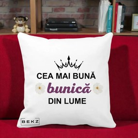 Cadou pentru Bunica - Perna Personalizata Cea Mai Buna Bunica Din Lume Coroana Mov Flori, 40x40 cm, Alba Mata, Husa Detasabila, Perna Inclusa, BEKZ®