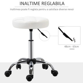 HOMCOM Scaun Rotativ cu Roti, Rotund, Scaun pentru Coafor și Estetician cu Înălțime Ajustabilă, Tapițat în Piele Ecologică, Ø35.5x51-67 cm, Alb