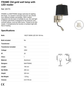 Aplica perete cu reader LED design clasic FRAME auriu antic/alb