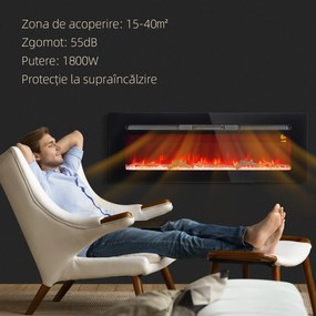 HOMCOM Șemineu Electric Încastrabil cu Telecomandă, Flacără Reglabilă, Temporizator și Termostat, 127x15,8x45 cm, Negru | Aosom Romania