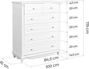 Comodă lemn masiv alb Elizabeth 6 sertare, 100 × 47 × 119 cm