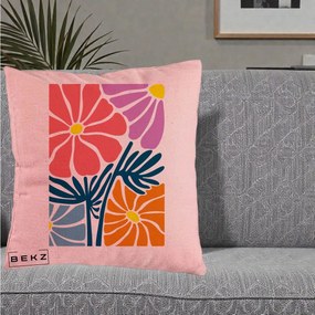 Perna Decorativa Flori Grafice Roz-Orange-Albastru, 40x40 cm, Roz, Husa Detasabila, Perna Inclusa, BEKZ®