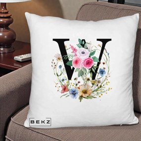 Cadou Personalizat - Perna Personalizata Monograma Florala Litera W, 40x40 cm, Alb Pufos, Husa Detasabila, Perna Inclusa, BEKZ®